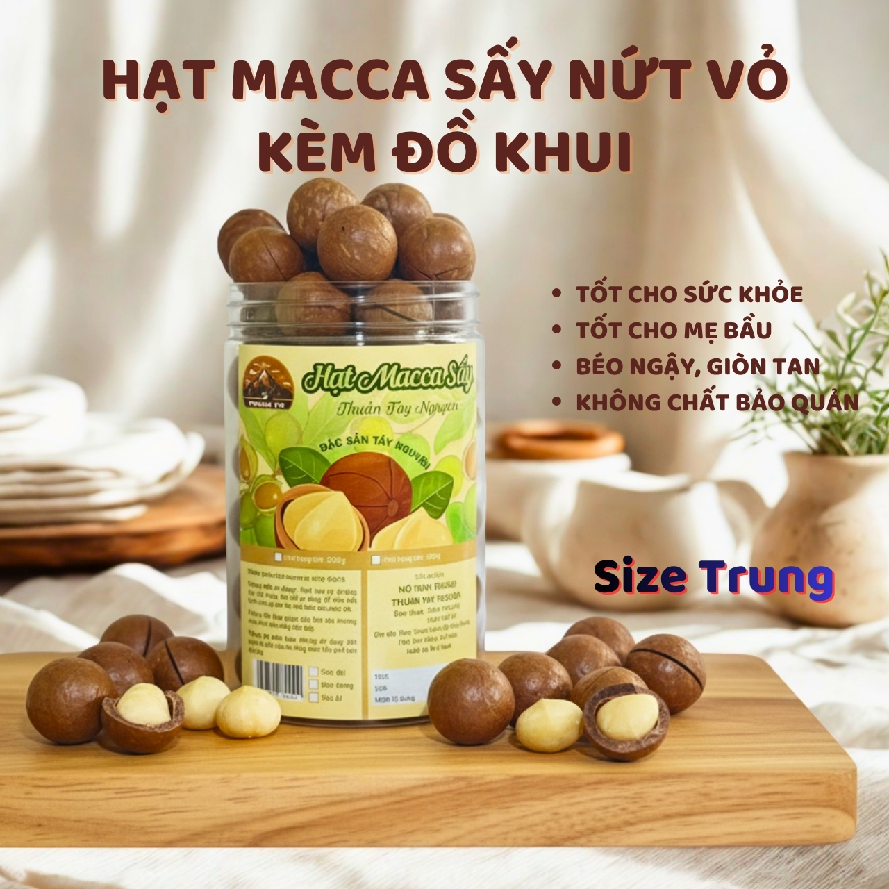 Hạt Macca sấy chín tách nứt size Trung, Mắc Ca Thuần Tây Nguyên, Hạt Dinh Dưỡng ăn liền